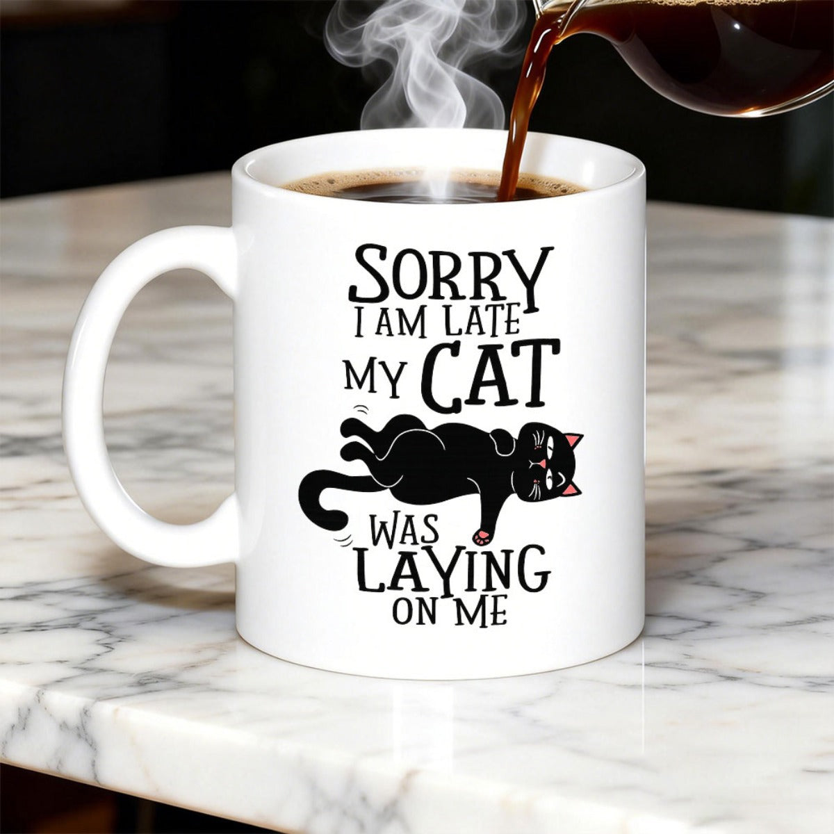 Tailorly White Ceramic 11 oz Mug - Sorry I Am Late My Cat Was Laying On Me Whimsical Black Feline Resting Comfortably On Its Back Playful Cat