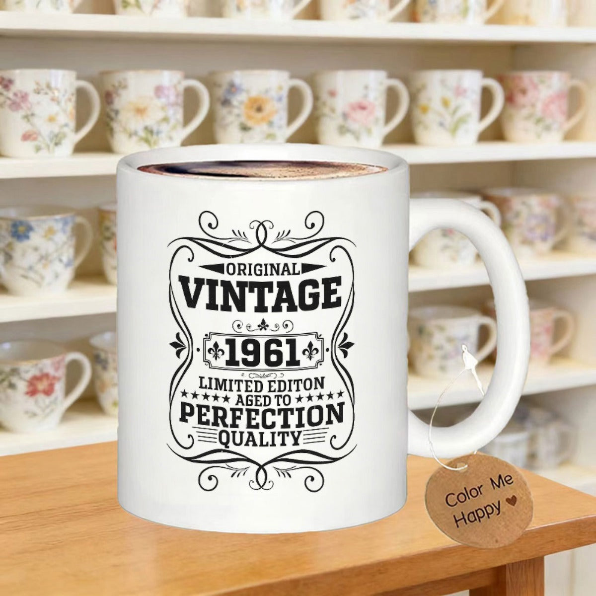Tailorly White Ceramic 11 oz Mug - Original Vintage 1961 Limited Edition Aged To Perfection Quality Classic Decorative Label With Ornate Flourishes And Scrolls Mug