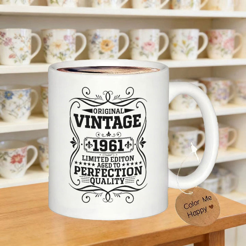 Tailorly White Ceramic 11 oz Mug - Original Vintage 1961 Limited Edition Aged To Perfection Quality Classic Decorative Label With Ornate Flourishes And Scrolls Mug
