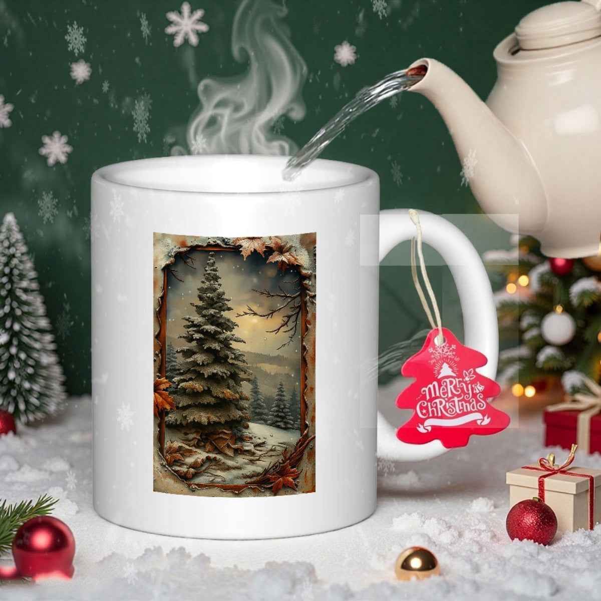 Tailorly White Ceramic 11 oz Mug - Merry Christmas Vintage Snowy Landscape Featuring A Majestic Pine Tree Standing In Snow Tree