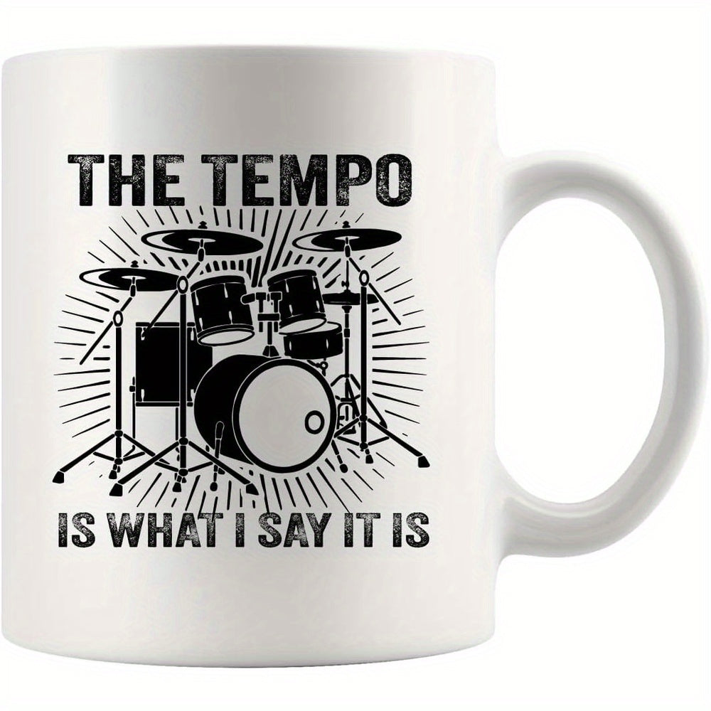 Tailorly White Ceramic 11 oz Mug - The Tempo Is What I Say It Is Detailed Silhouette Of Musical Instruments Surrounded By Radiant Burst Design Drum Kit