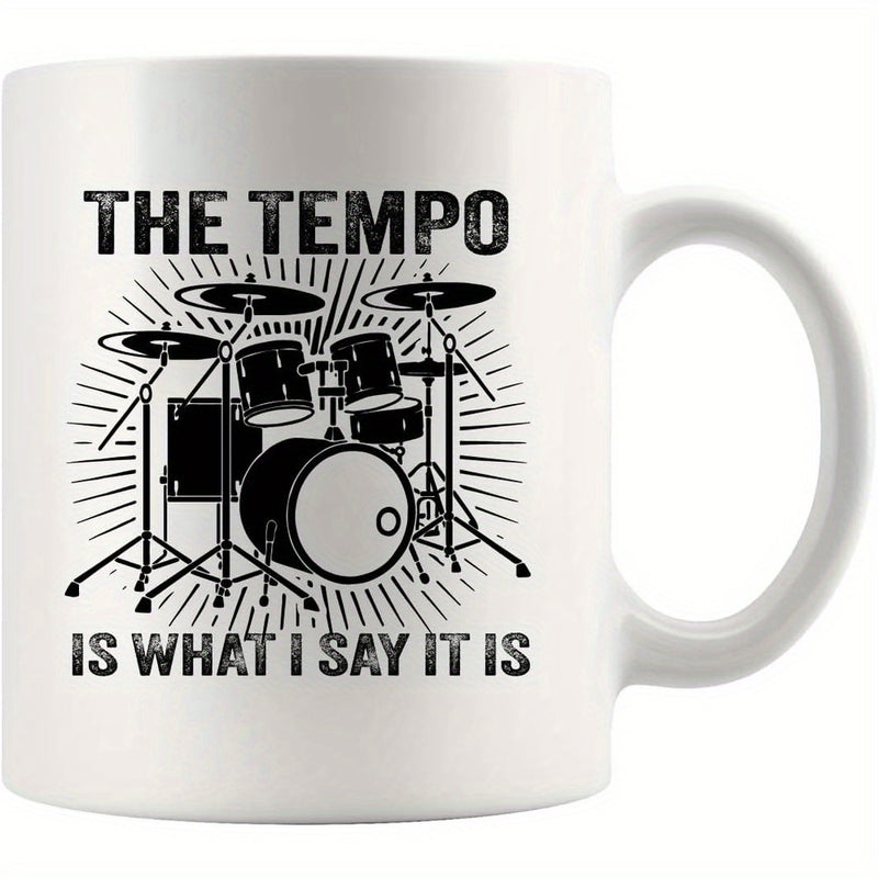 Tailorly White Ceramic 11 oz Mug - The Tempo Is What I Say It Is Detailed Silhouette Of Musical Instruments Surrounded By Radiant Burst Design Drum Kit