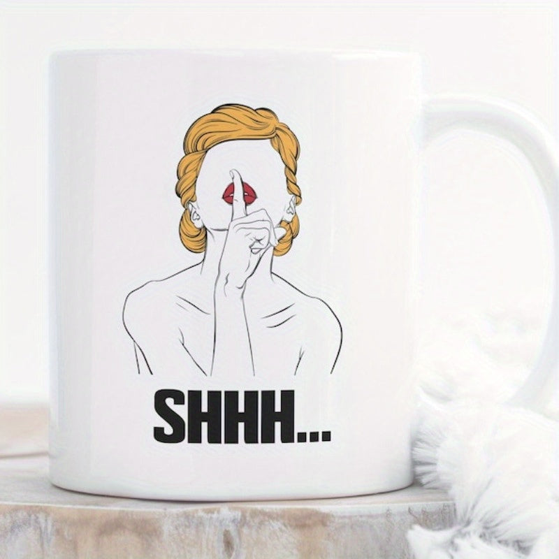 Tailorly White Ceramic 11 oz Mug - Shhh Elegant Blonde Lady Making Quiet Gesture With Finger Over Red Lips Woman