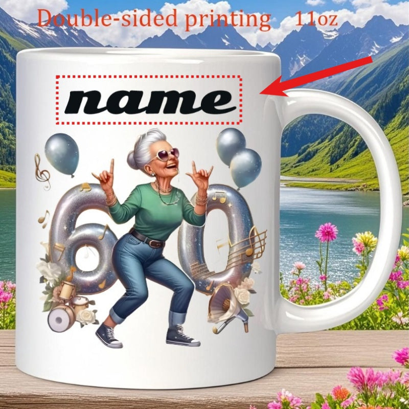 Tailorly White Ceramic 11 oz Mug - Name Stylish Dancing Elderly Lady With Sunglasses Among Silver Birthday Balloons Grandmother