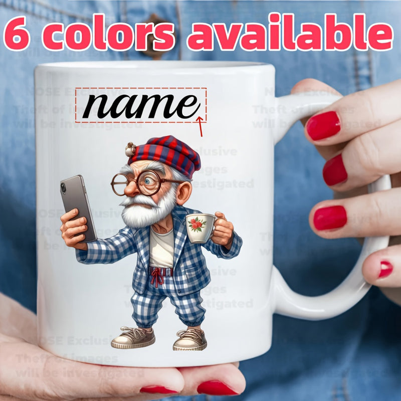 Tailorly White Ceramic 11 oz Mug - Name Charismatic Bearded Grandpa Wearing Plaid Hat And Suit Holding Phone Man