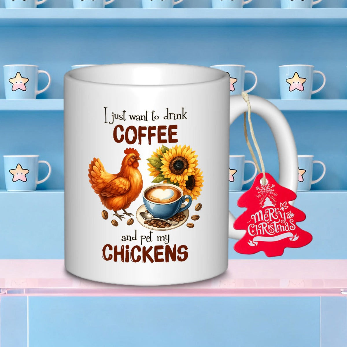 Tailorly White Ceramic 11 oz Mug - I Just Want To Drink Coffee And Pet My Chickens Vibrant Blooming Sunflowers And Steaming Latte Surrounded By Scattered Roasted