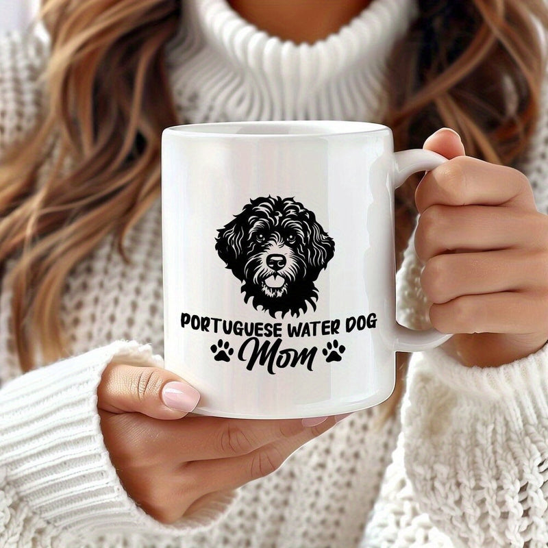 Tailorly White Ceramic 11 oz Mug - Portuguese Water Dog Mom Artistic Monochrome Illustration Showing A Fluffy Curly Coated Pet Head Dog