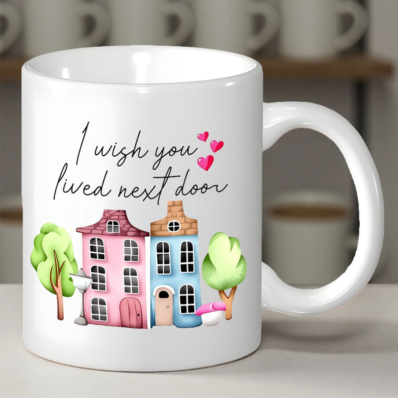Tailorly White Ceramic 11 oz Mug - I Wish You Lived Next Door Charming Watercolor Scene With Green Trees And Pink Hearts House