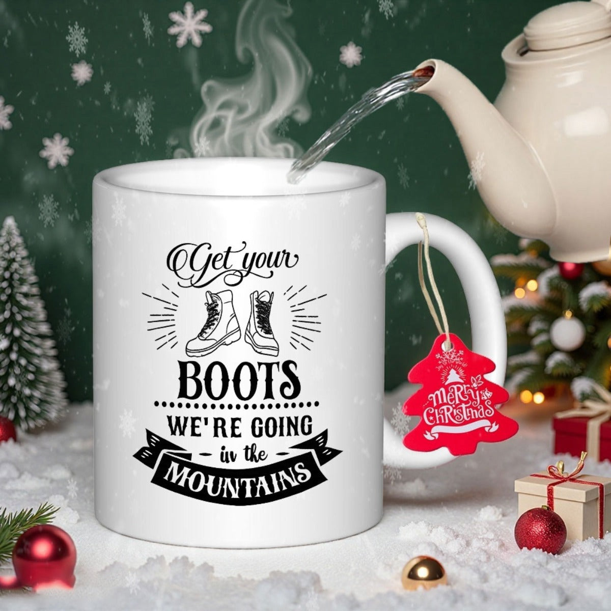 Tailorly White Ceramic 11 oz Mug - Get Your Boots Were Going In The Mountains Decorative Sunburst Lines And Elegant Ribbon Banner Over Sturdy Hiking Boots