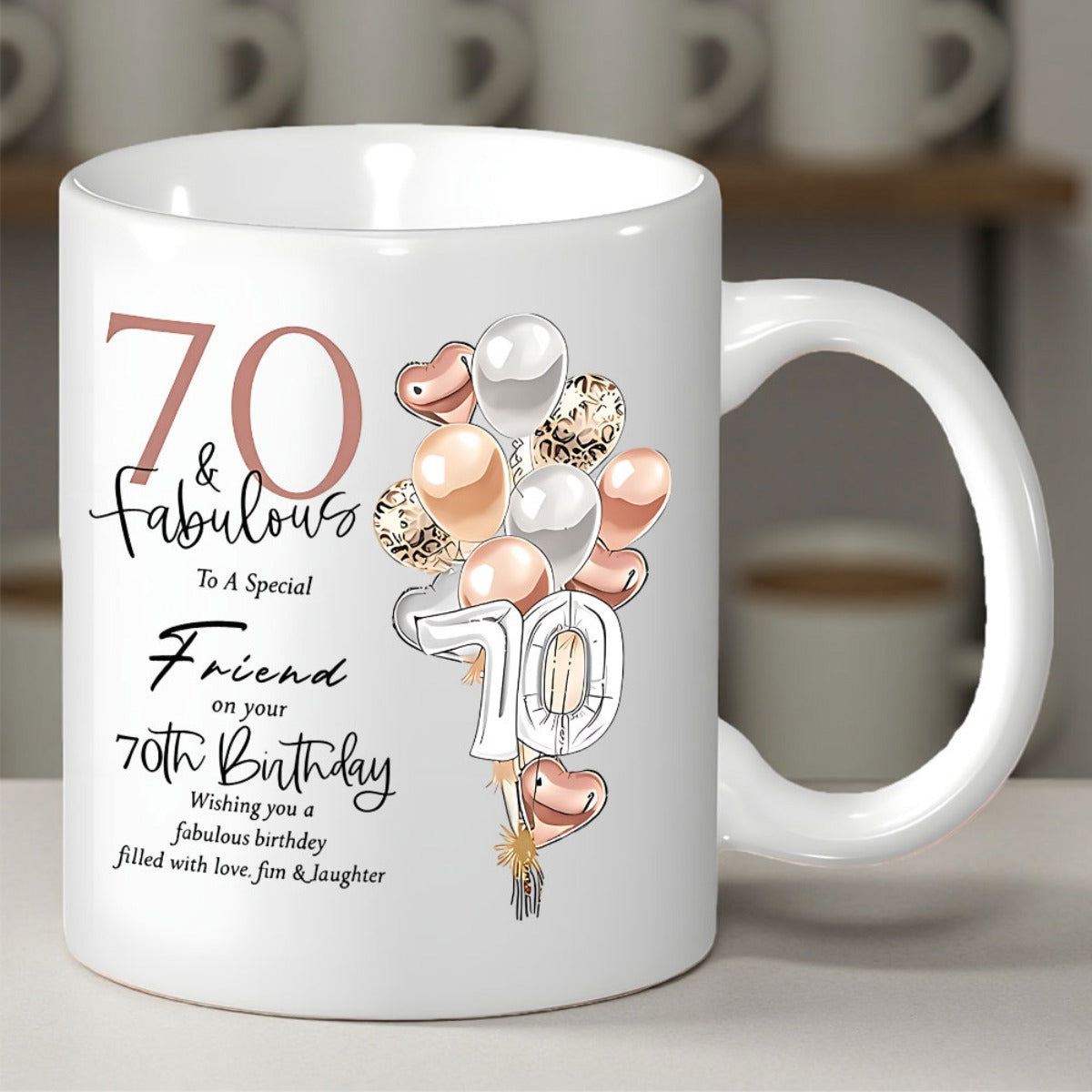 Tailorly White Ceramic 11 oz Mug - 70 Fabulous Friend Birthday Elegant Festive Rose Gold And Silver Party Balloons Floating In Celebration Balloons
