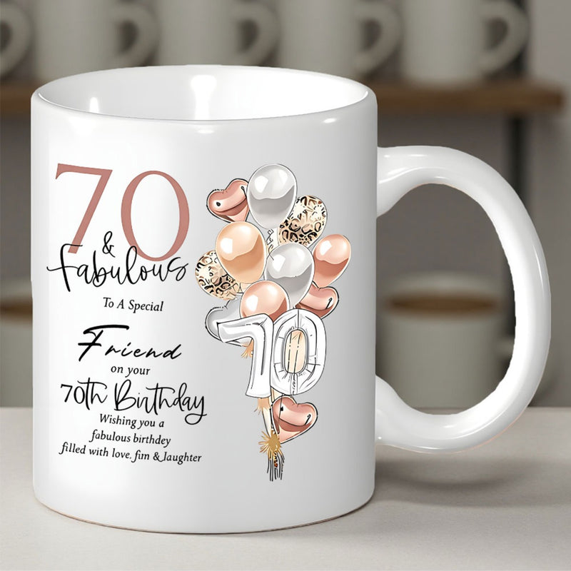 Tailorly White Ceramic 11 oz Mug - 70 Fabulous Friend Birthday Elegant Festive Rose Gold And Silver Party Balloons Floating In Celebration Balloons