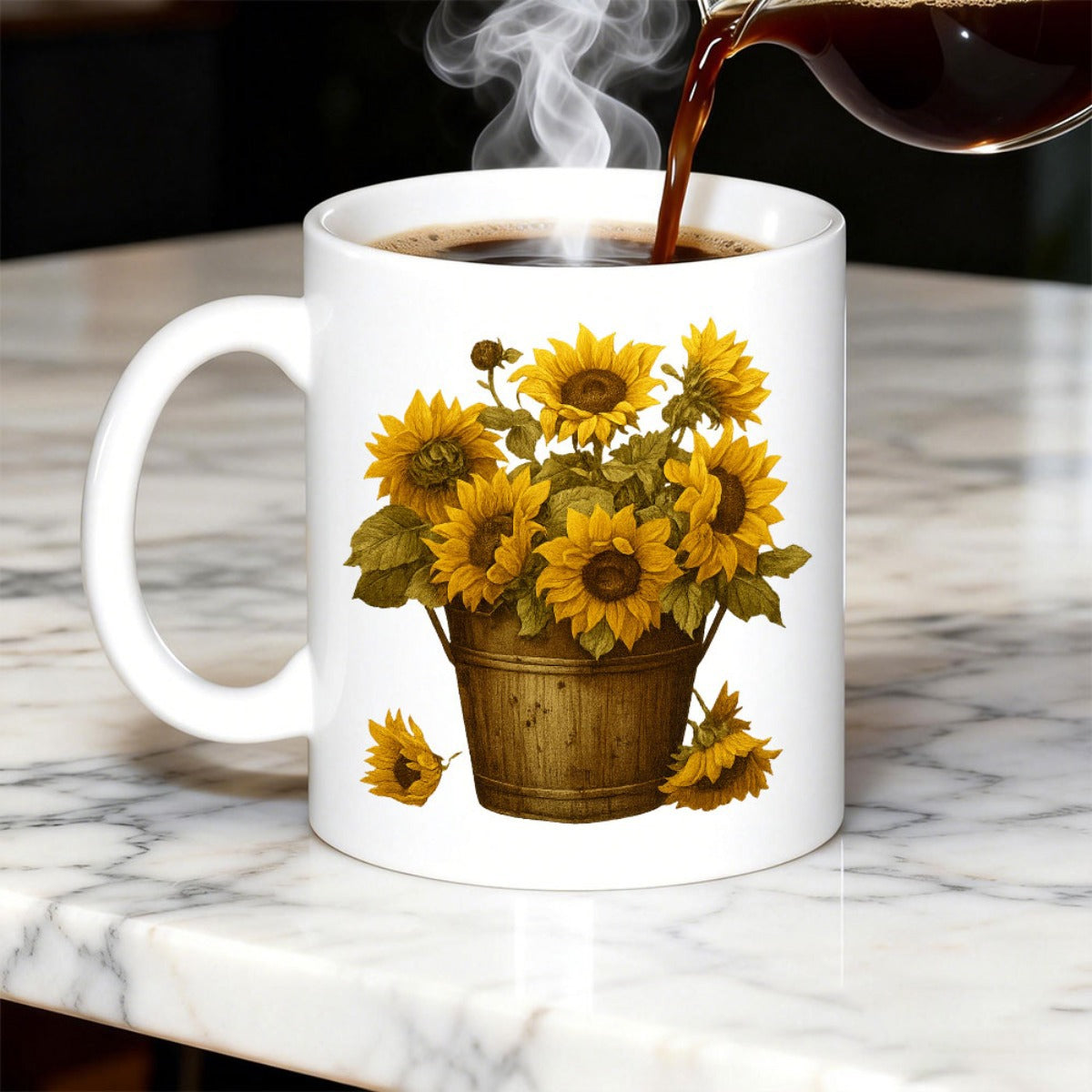 Tailorly White Ceramic 11 oz Mug - Rustic Wooden Bucket Overflowing With Vibrant Golden Sunflowers And Green Leaves Sunflower