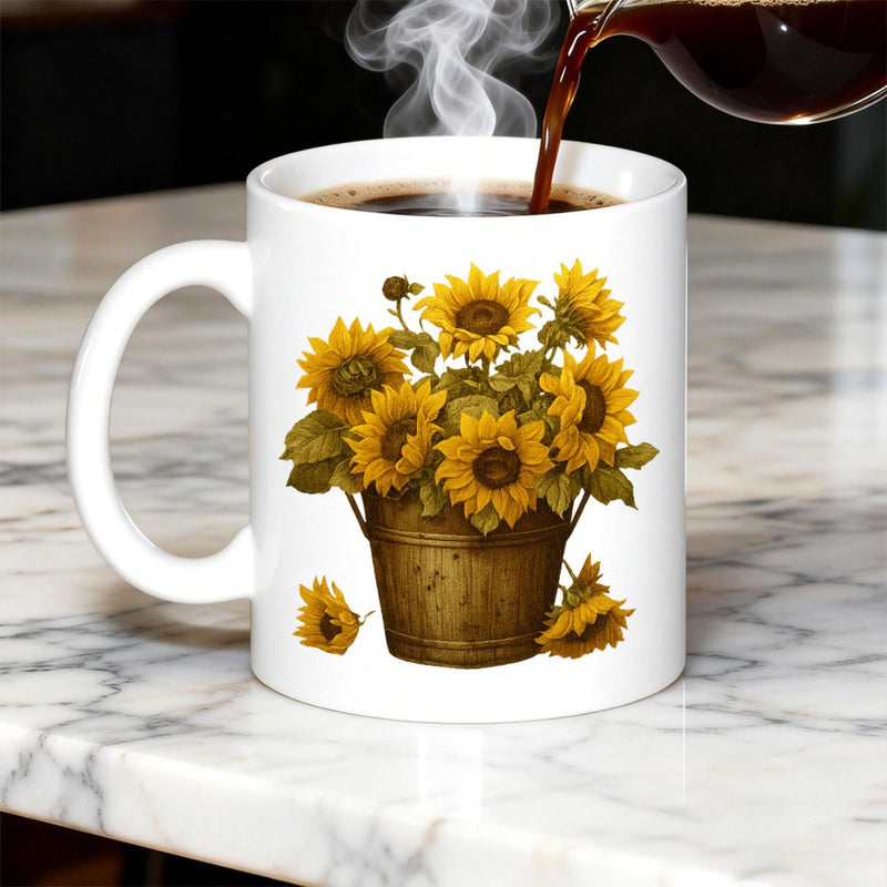 Tailorly White Ceramic 11 oz Mug - Rustic Wooden Bucket Overflowing With Vibrant Golden Sunflowers And Green Leaves Sunflower
