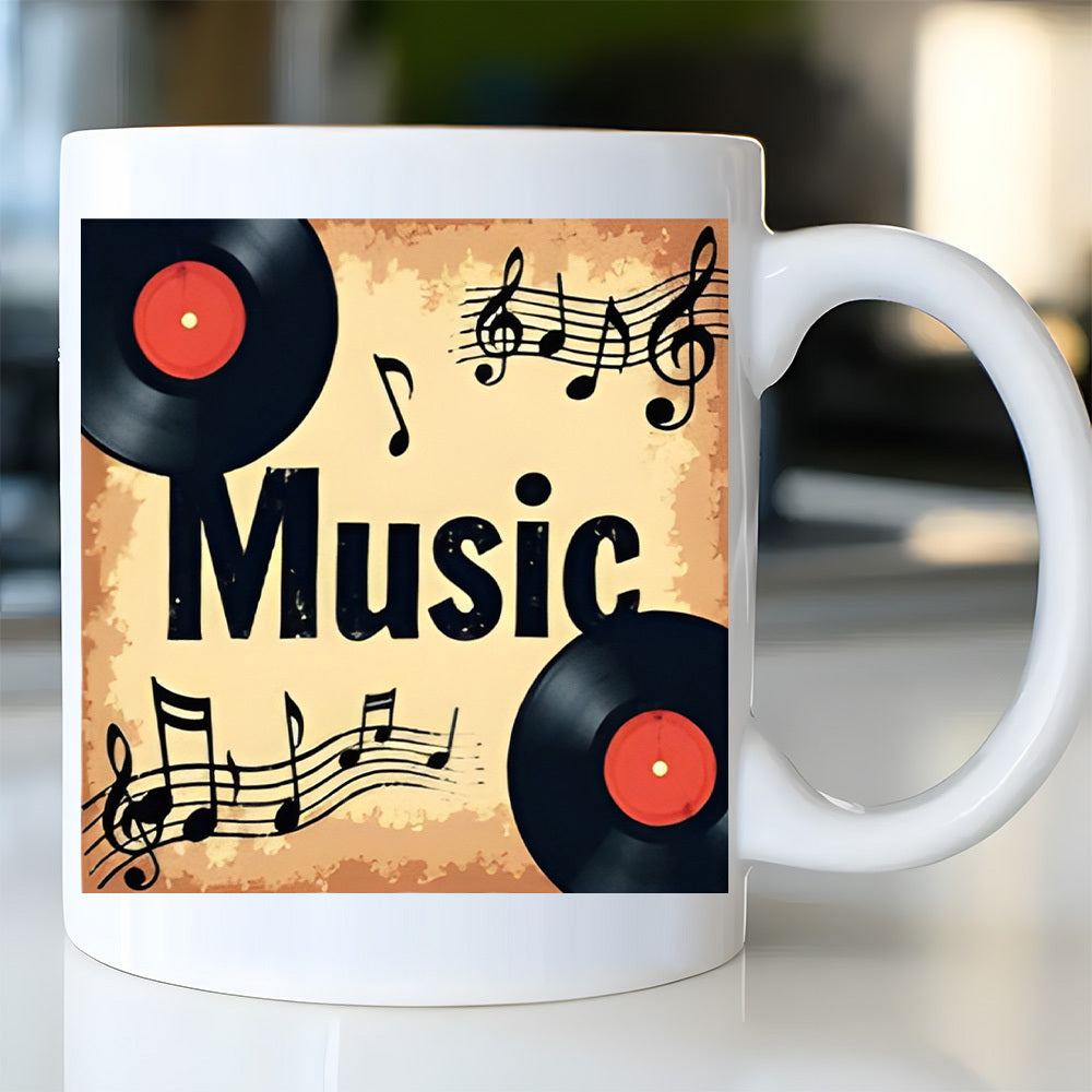 Tailorly White Ceramic 11 oz Mug - Music Vintage Vinyl Records Floating Among Musical Notes And Rhythmic Staff Lines Record