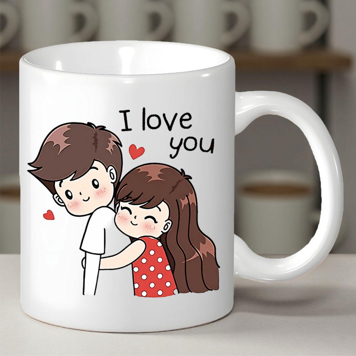 Tailorly White Ceramic 11 oz Mug - I Love You Charming Cartoon Couple Hugging With Hearts And Red Polka Dots Couple
