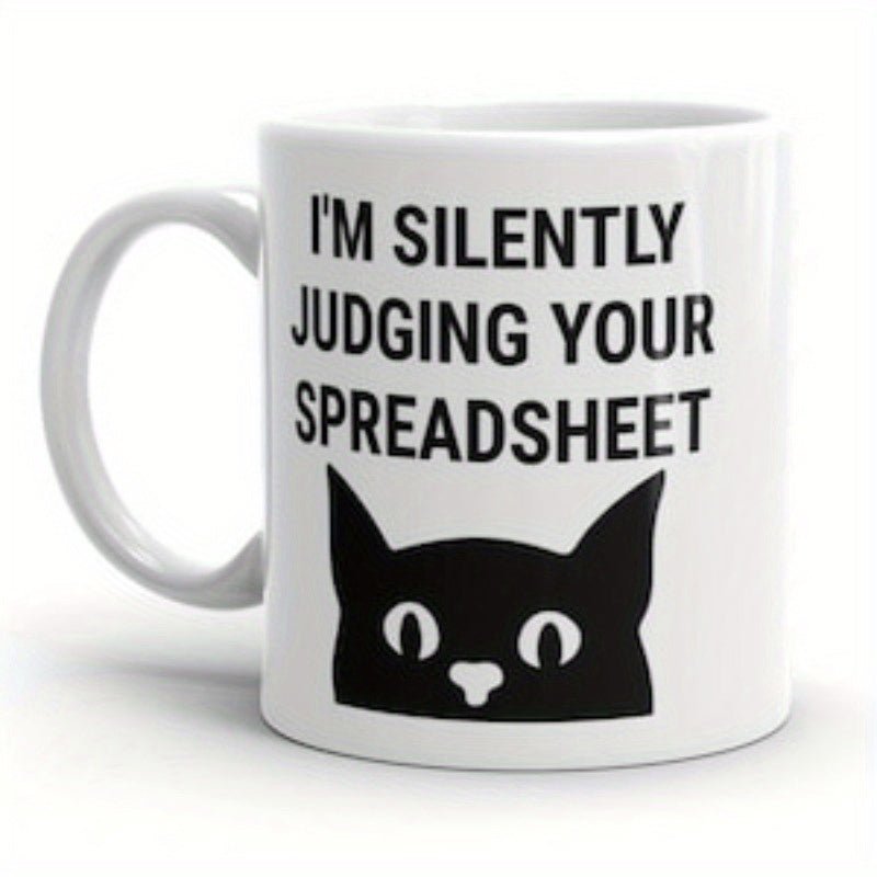 Tailorly White Ceramic 11 oz Mug - Im Silently Judging Your Spreadsheet Minimalist Black Peeking Silhouette With Curious White Eyes Cat