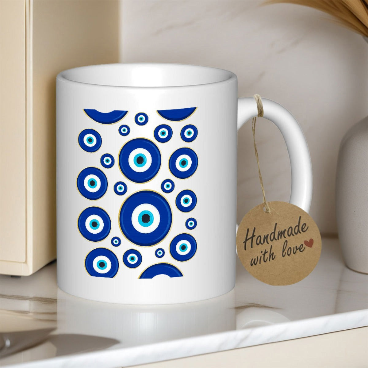Tailorly White Ceramic 11 oz Mug - Traditional Protection Talisman Featuring Concentric Circles Of Vibrant Blue And White Patterned Nazar