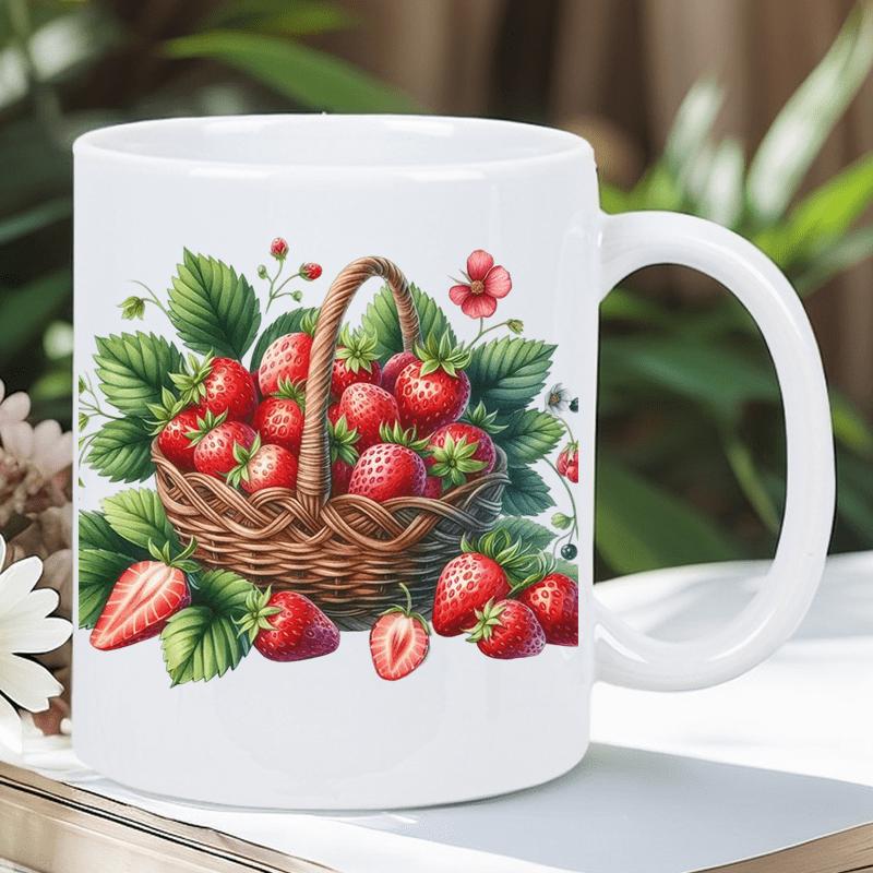 Tailorly White Ceramic 11 oz Mug - Vibrant Red Fruit Inside A Woven Rustic Basket With Green Leaves Strawberry