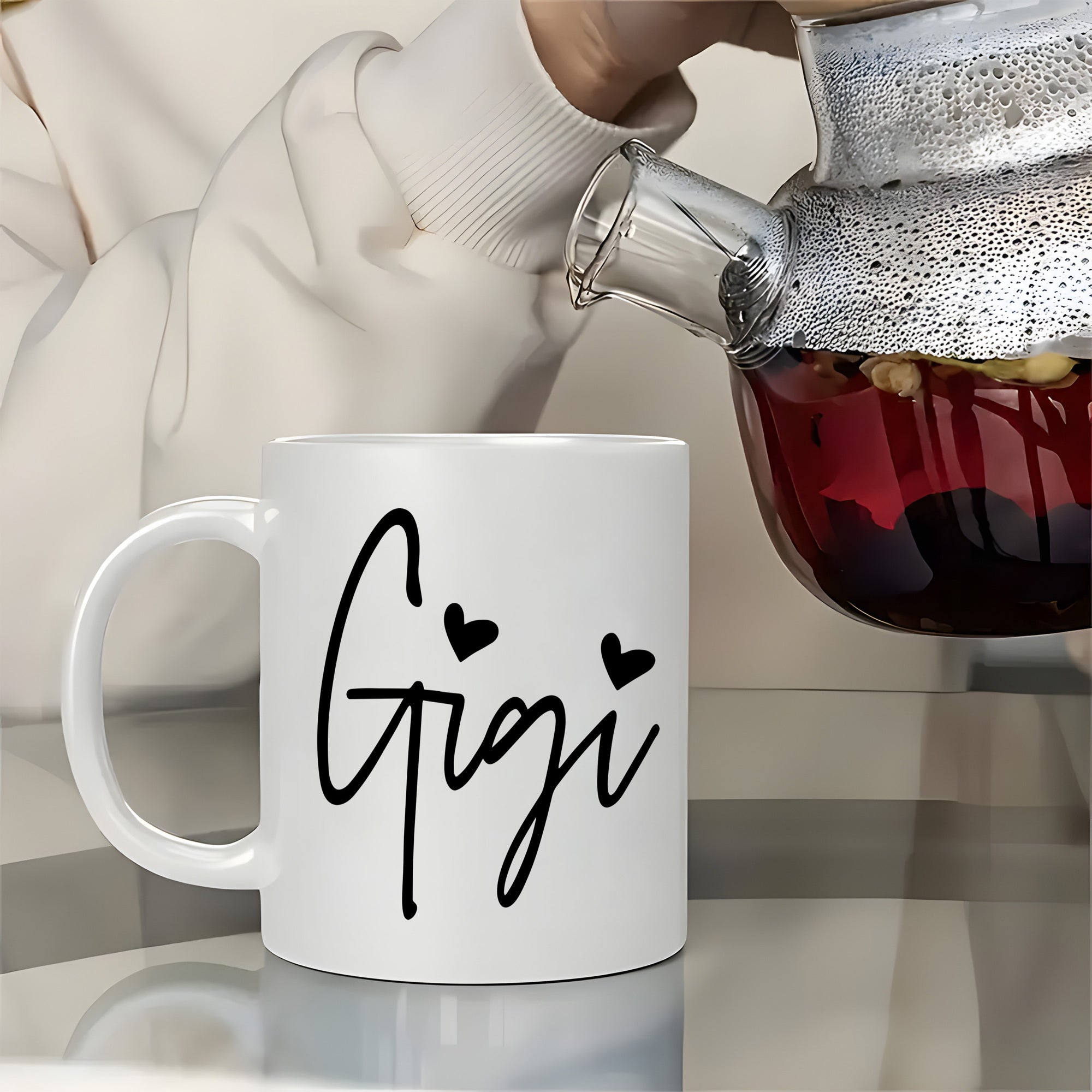 Tailorly White Ceramic 11 oz Mug - Gigi Minimalist Handwritten Script With Two Hearts Decorating A Classic