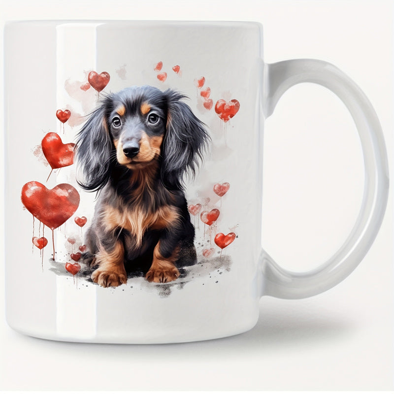 Tailorly White Ceramic 11 oz Mug - Adorable Watercolor Long Haired Puppy Sitting Among Floating Red Hearts Dachshund