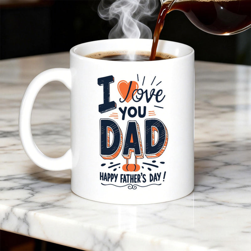 Tailorly White Ceramic 11 oz Mug - I Love You Dad Happy Fathers Day Elegant Heart Shape Within Decorative Letters For Celebrating Fatherhood Theme Mug