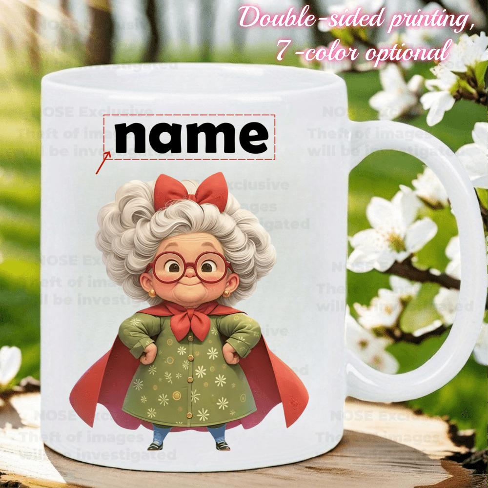 Tailorly White Ceramic 11 oz Mug - Name Double Sided Printing 7 Color Optional Cute Cartoon Character Wearing Red Cape And Glasses With White Curly Hair