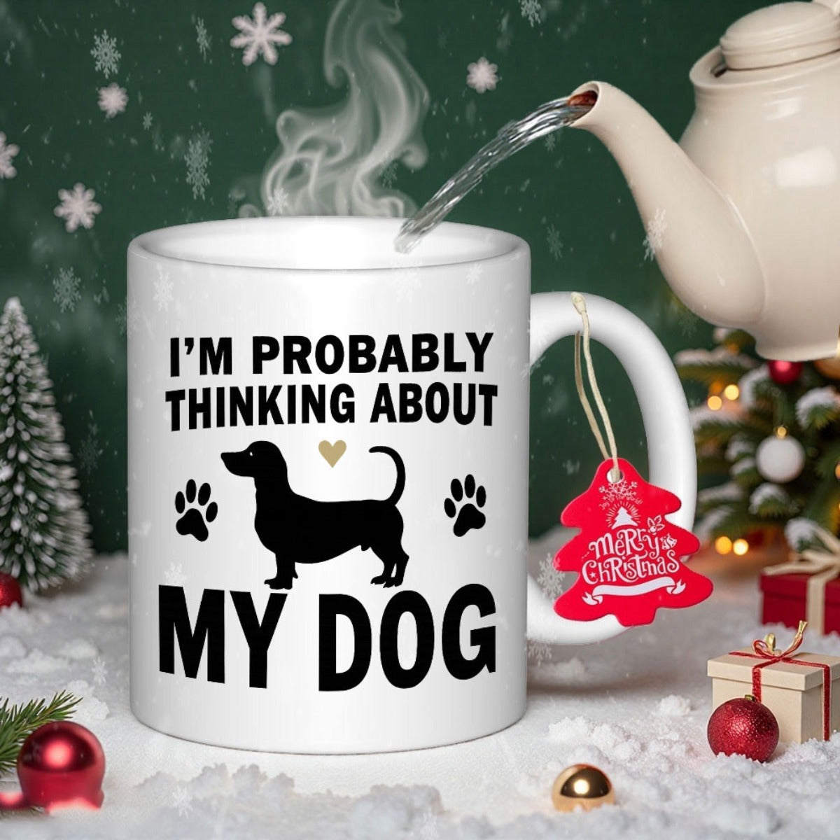 Tailorly White Ceramic 11 oz Mug - Im Probably Thinking About My Dog Minimalist Silhouette Of A Loyal Pet Standing Among Tiny Paw Prints Dachshund