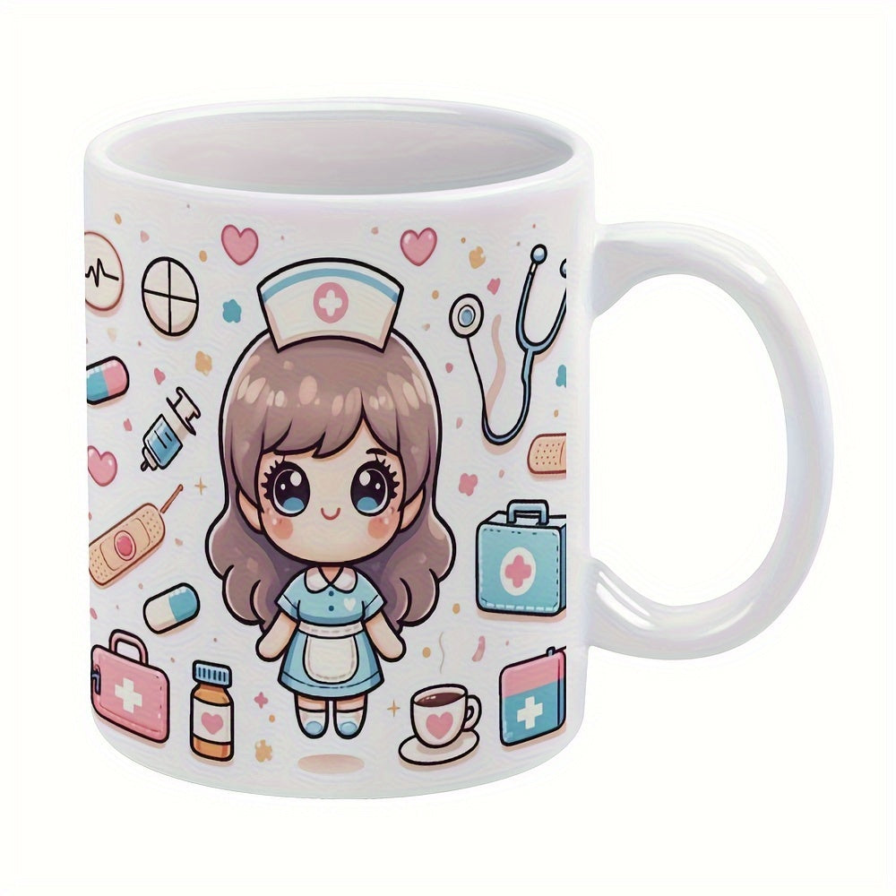 Tailorly White Ceramic 11 oz Mug - Adorable Chibi Style Illustration With Medical Tools And Hearts Nurse