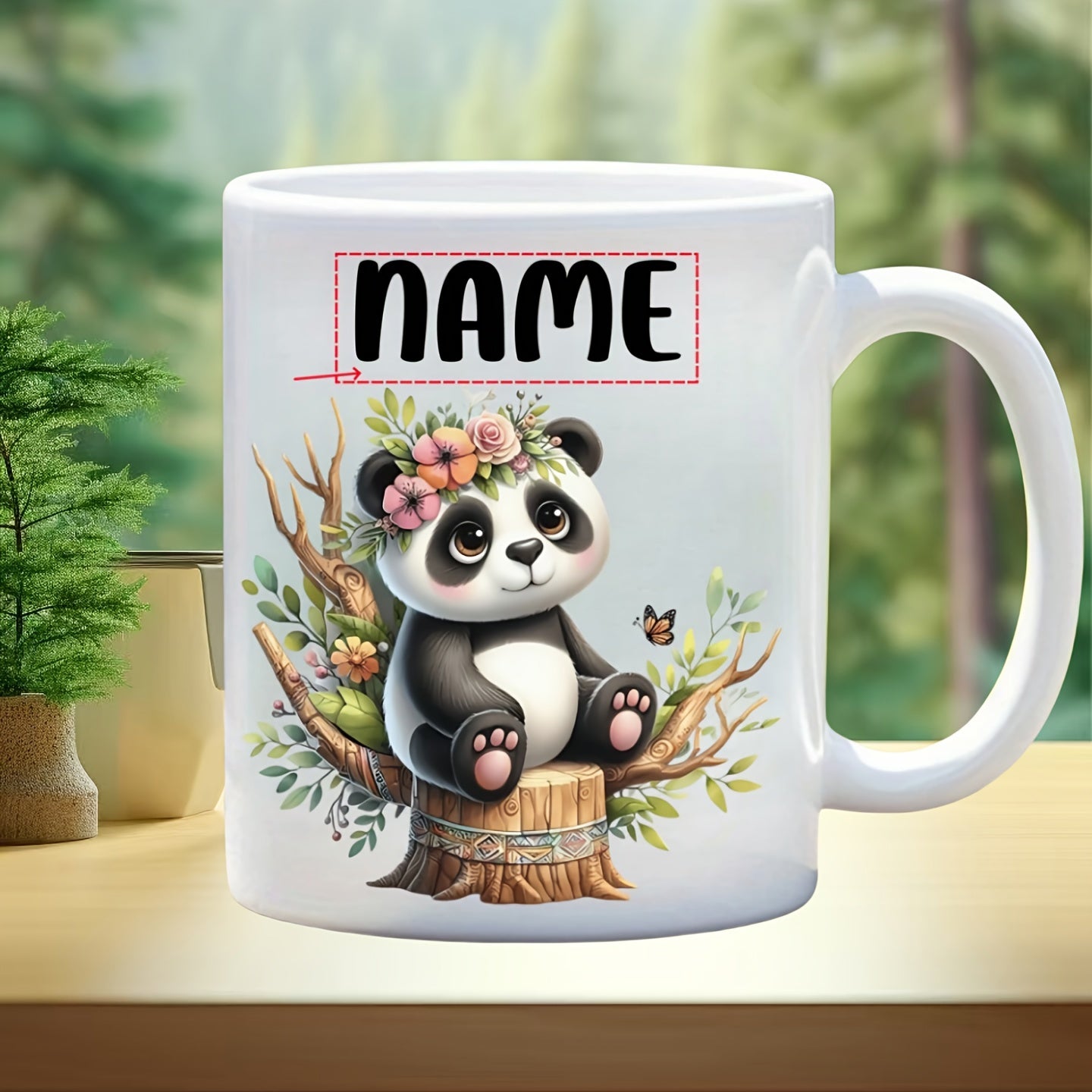 Tailorly White Ceramic 11 oz Mug - Name Cute Little Bear With Floral Crown Resting On Wood Stump Among Leaves Panda