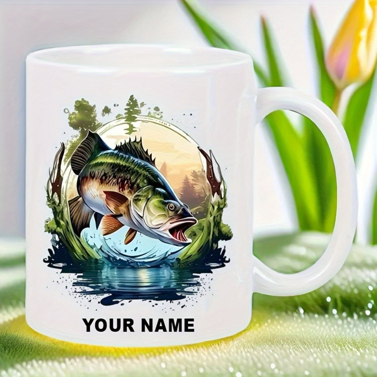 Tailorly White Ceramic 11 oz Mug - Your Name Majestic Jumping Out Of Shimmering Lake Under Golden Sunset Bass