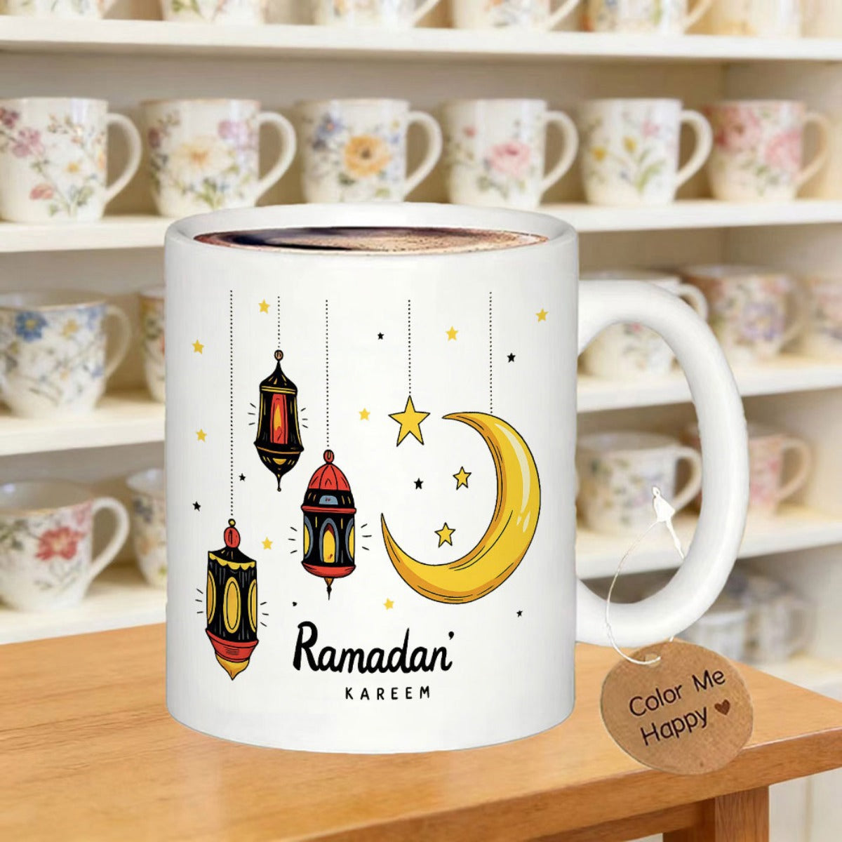 Tailorly White Ceramic 11 oz Mug - Ramadan Kareem Golden Crescent Moon With Decorative Traditional Lanterns And Twinkling Hanging Stars Lantern