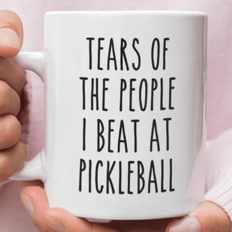 Tailorly White Ceramic 11 oz Mug - Tears Of The People I Beat At Pickleball Simple Black Hand Drawn Typography Against A Solid White Background Mug