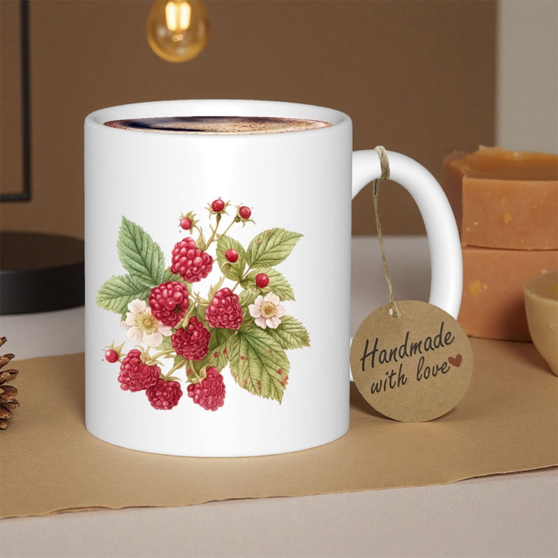 Tailorly White Ceramic 11 oz Mug - Handmade With Love Fresh Red Berries With Green Leaves And Small White Blooming Flowers Raspberry