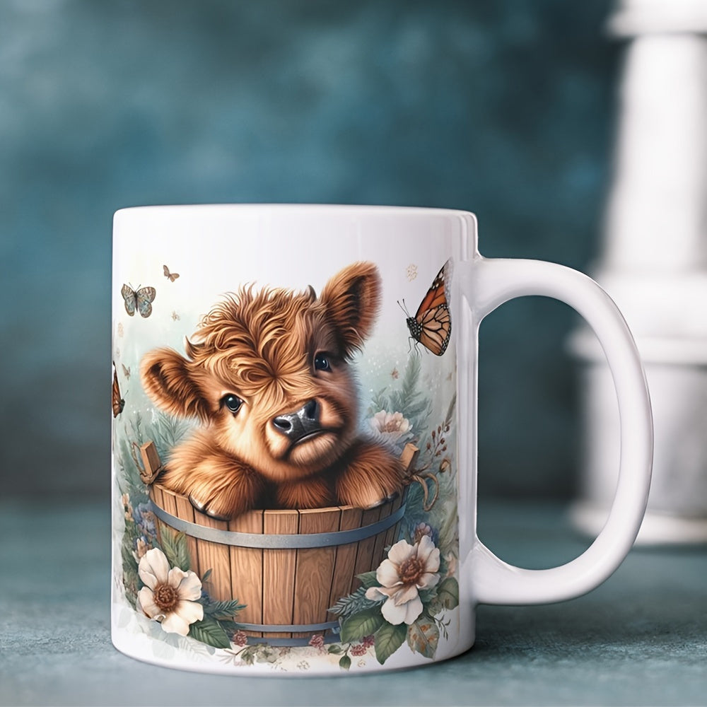 Tailorly White Ceramic 11 oz Mug - Cute Fluffy Baby Highland Calf Resting Inside Rustic Wooden Garden Bucket Cow