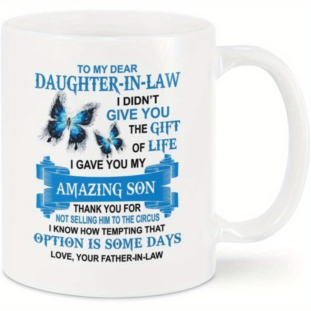 Tailorly White Ceramic 11 oz Mug - To My Dear Daughter In Law Two Vibrant Blue Butterflies Hovering Gracefully Over Decorative Ornamental Blue Ribbon Banner