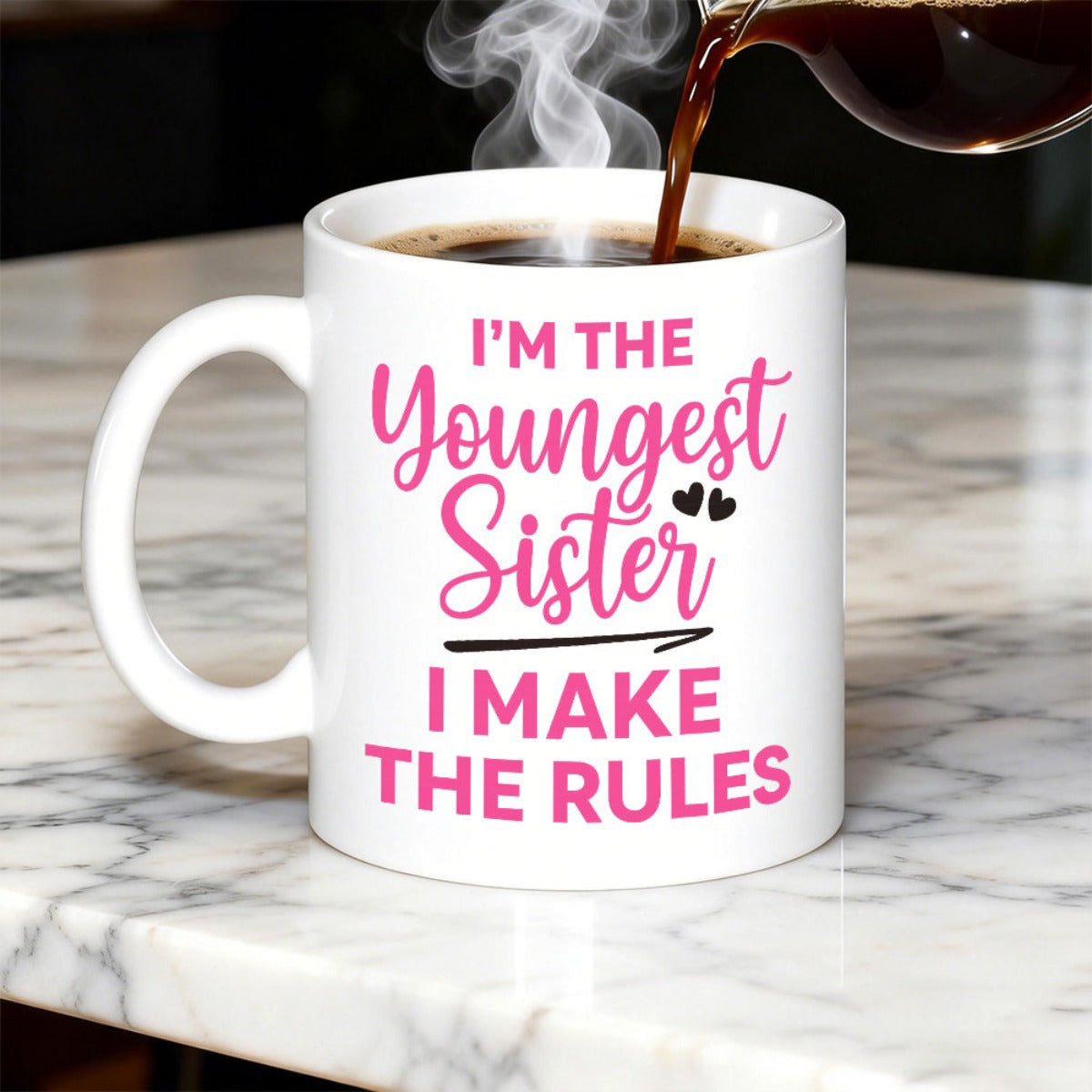 Tailorly White Ceramic 11 oz Mug - Im The Youngest Sister I Make The Rules Minimalist White Ceramic Vessel With Decorative Script And Heart Elements Mug