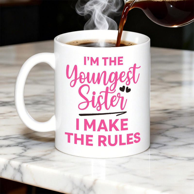 Tailorly White Ceramic 11 oz Mug - Im The Youngest Sister I Make The Rules Minimalist White Ceramic Vessel With Decorative Script And Heart Elements Mug