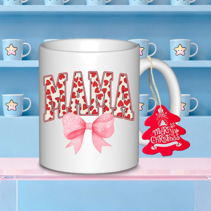 Tailorly White Ceramic 11 oz Mug - Mama Graceful Pink Ribbon Bow Below Red Hearts In Collegiate Style Bow