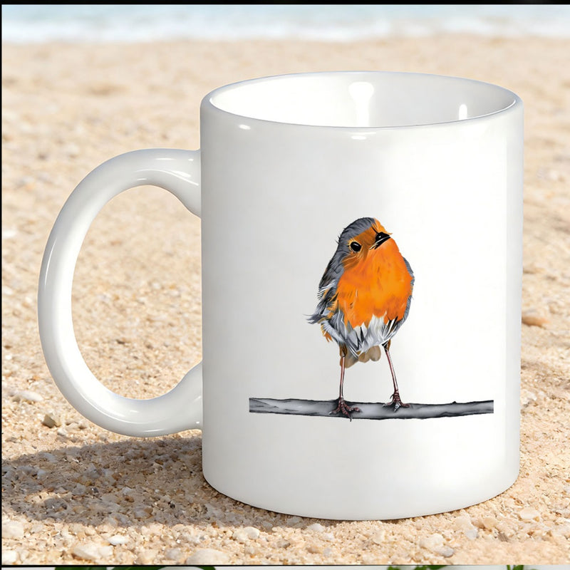 Tailorly White Ceramic 11 oz Mug - Tiny European Bird With Red Breast Perching On A Grey Branch Robin