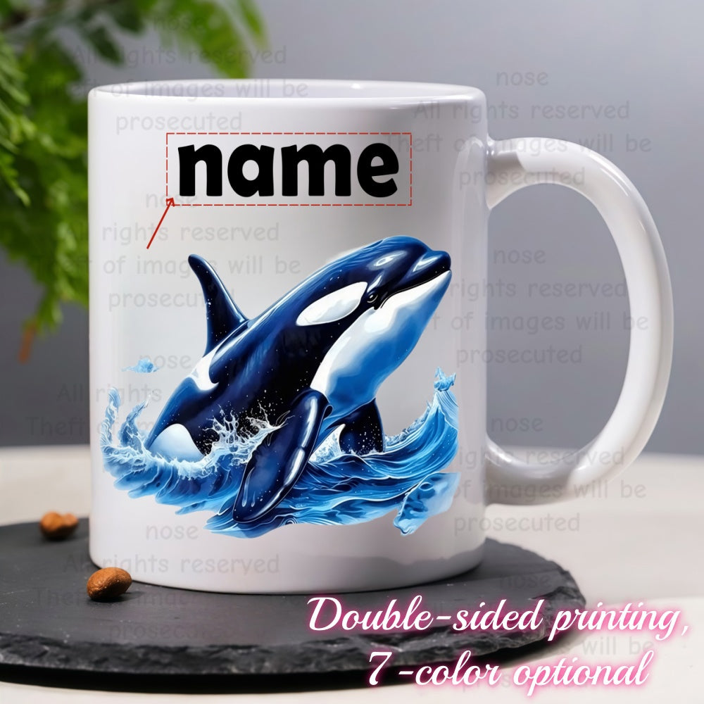 Tailorly White Ceramic 11 oz Mug - Name Majestic Breaching Killer Whale Jumping Through Splashing Blue Ocean Waves Orca