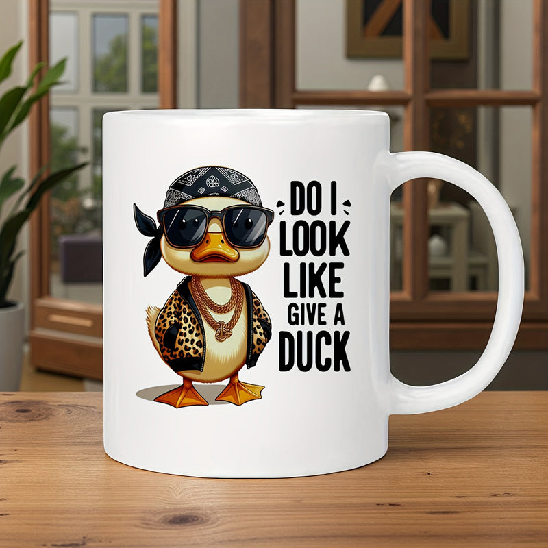 Tailorly White Ceramic 11 oz Mug - Do I Look Like Give A Duck Cool Gangster Stylized Cartoon Animal Wearing Sunglasses And Leopard Print Jacket Duck