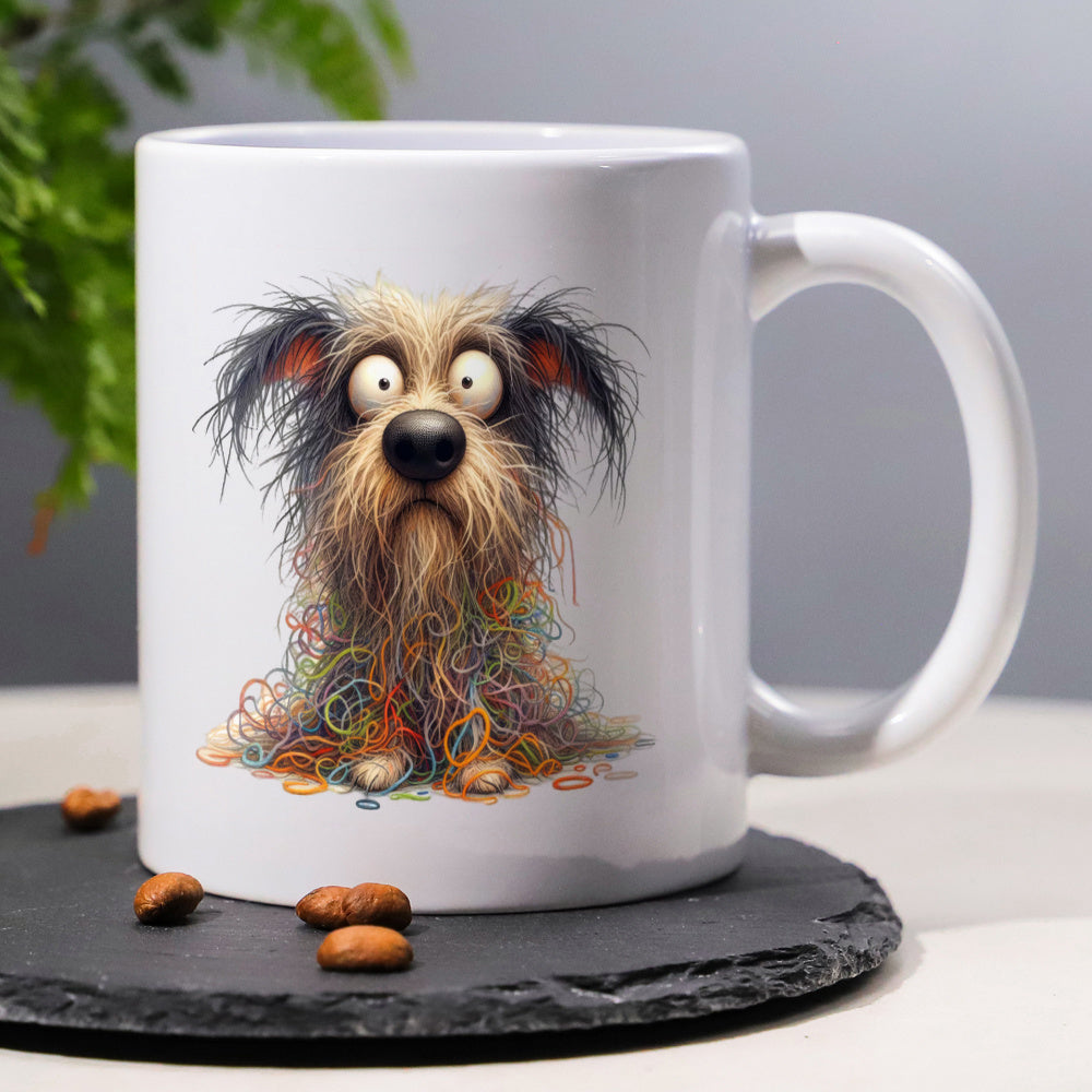 Tailorly White Ceramic 11 oz Mug - Whimsical Scruffy Animal With Wide Expressive Eyes And Tangled Colorful Yarn Dog