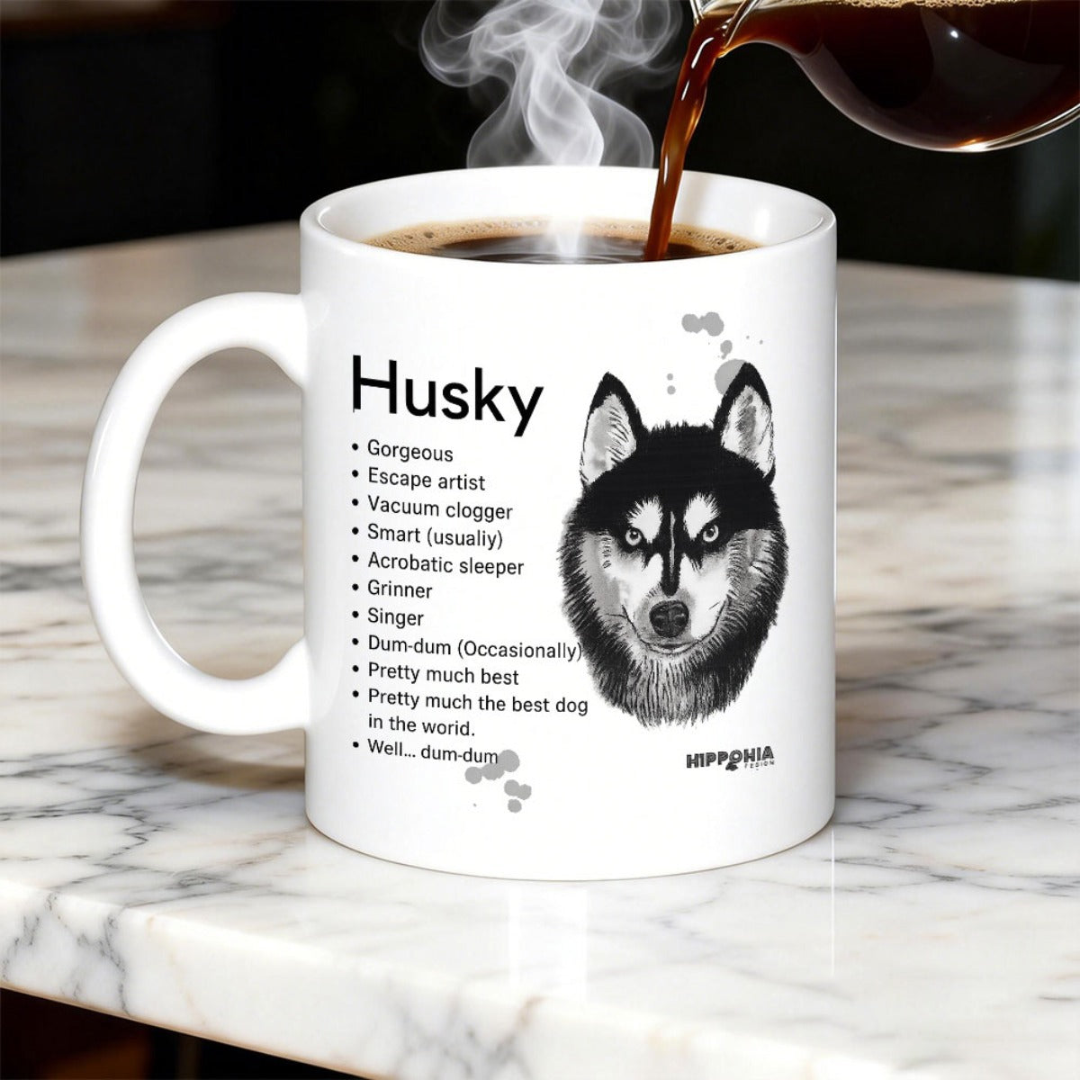 Tailorly White Ceramic 11 oz Mug - Husky Detailed Artistic Monochrome Portrait Representing A Loyal And Strong Sled Dog Husky