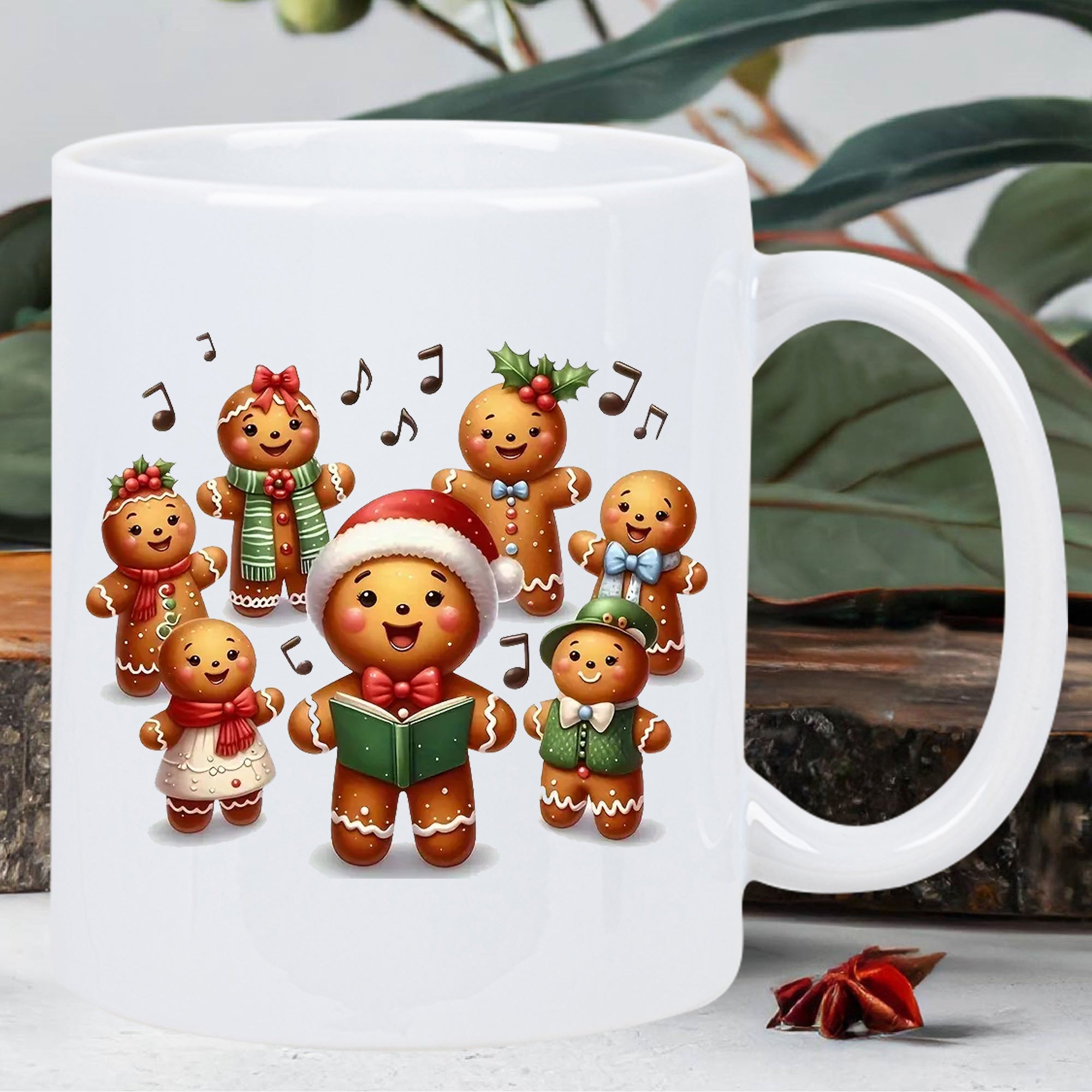 Tailorly White Ceramic 11 oz Mug - Cute Festive Choir Singing Carols Among Floating Musical Notes And Holidays Gingerbread Men
