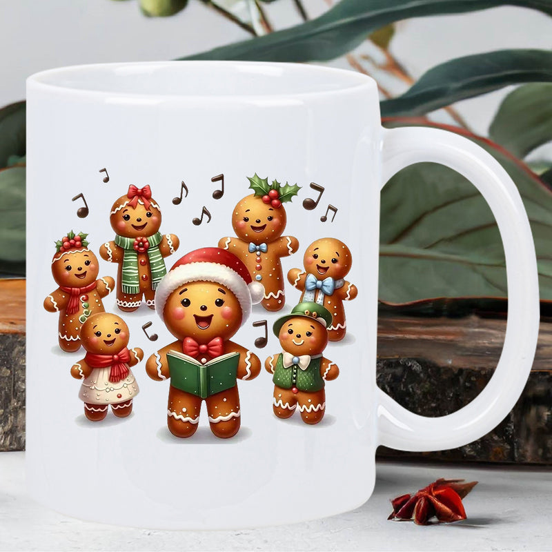 Tailorly White Ceramic 11 oz Mug - Cute Festive Choir Singing Carols Among Floating Musical Notes And Holidays Gingerbread Men