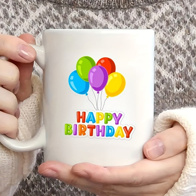 Tailorly White Ceramic 11 oz Mug - Happy Birthday Vibrant Colorful Festive Party Decorations Floating Upward Joyous Celebration Balloon