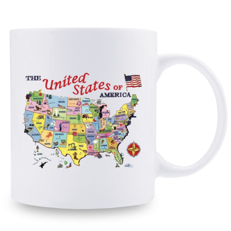 Tailorly White Ceramic 11 oz Mug - The United States Of America Colorful Detailed Illustrations Featuring Icons And National Flag Over States Map
