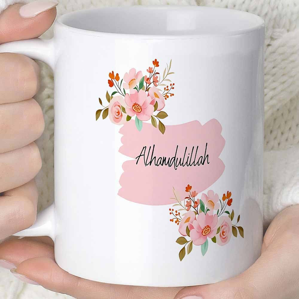 Tailorly White Ceramic 11 oz Mug - Alhamdulillah Elegant Pink Roses Blooming With Green Leaves Around A Soft Artistic Brushstroke Flower
