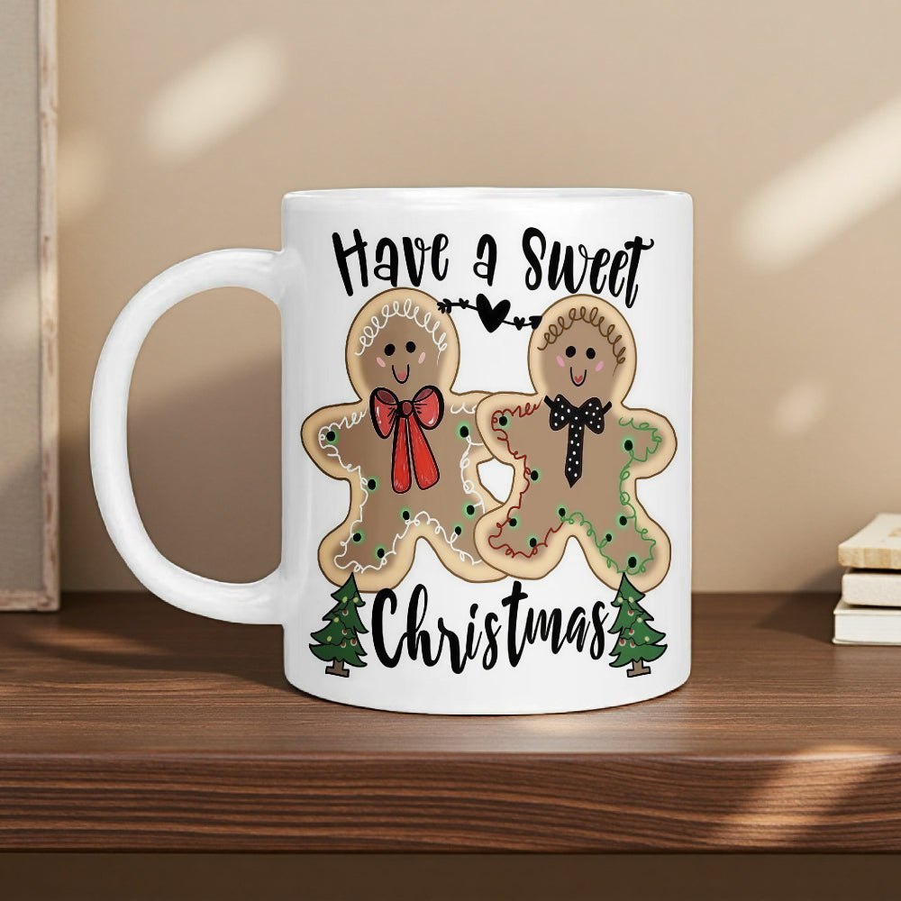 Tailorly White Ceramic 11 oz Mug - Have A Sweet Christmas Two Smiling Characters Standing Between Festive Pine Trees In Winter Gingerbread