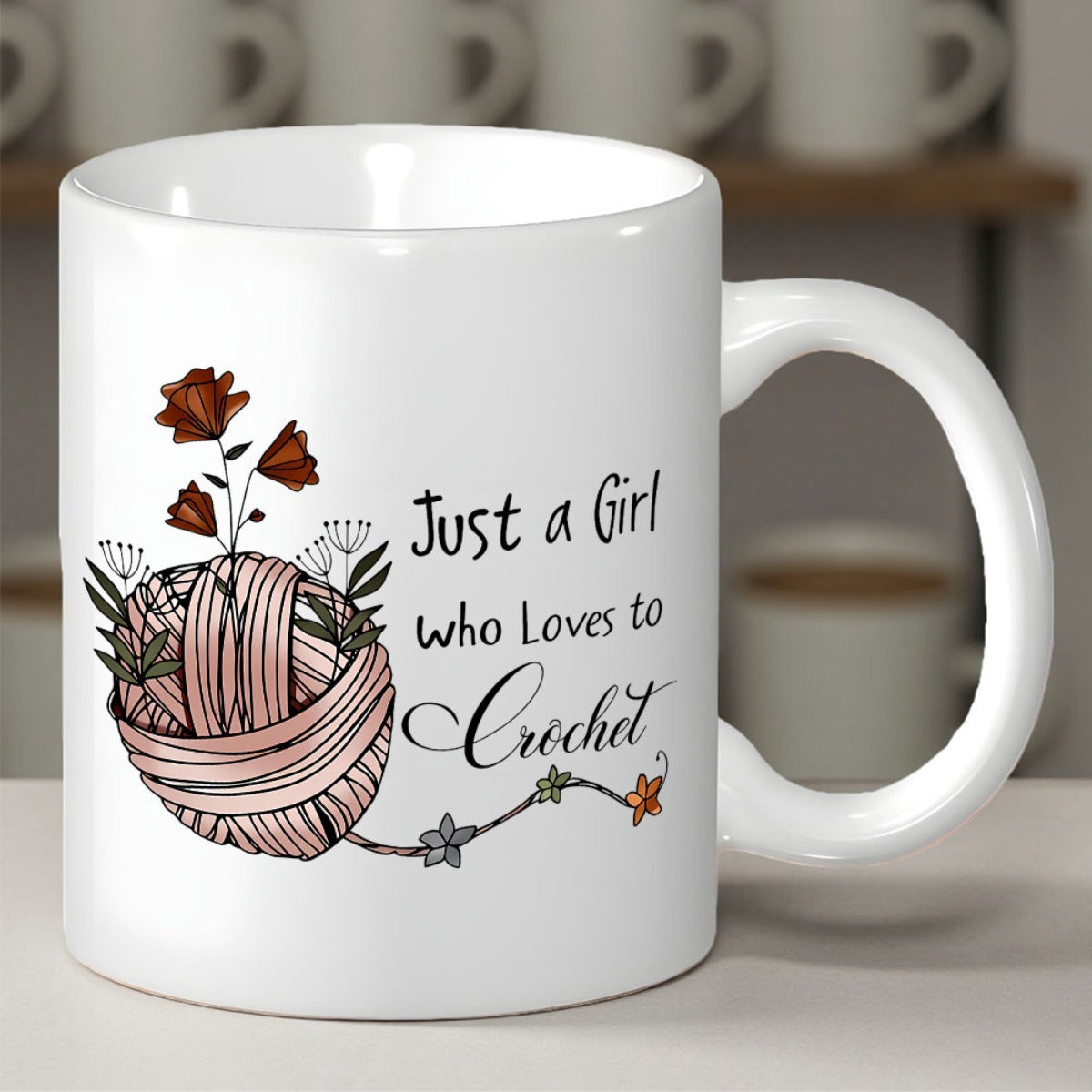 Tailorly White Ceramic 11 oz Mug - Just A Girl Who Loves To Crochet Delicate Pink Yarn Ball With Elegant Brown Flowers Growing From Within Yarn